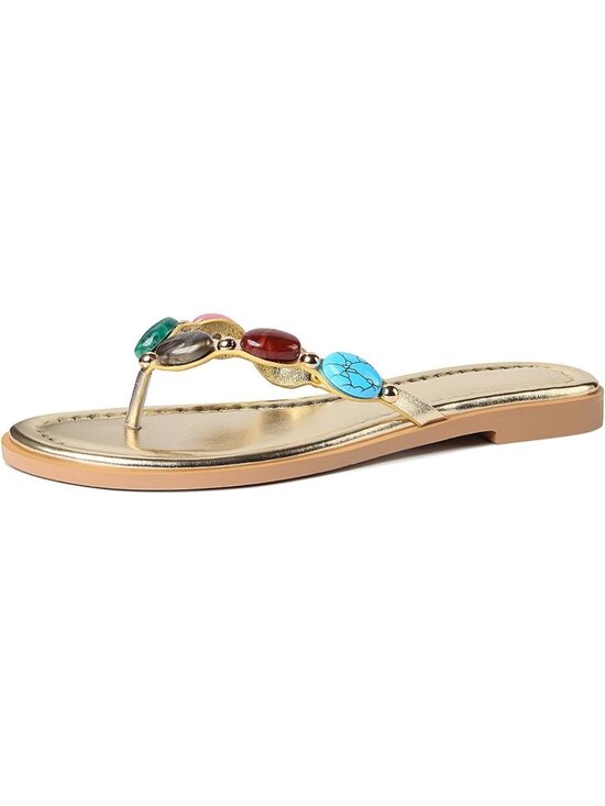 Shoes - Women's Gold Polyurethane Open Round Toe Flip Flops Comfy Slip on Flats Sandals
